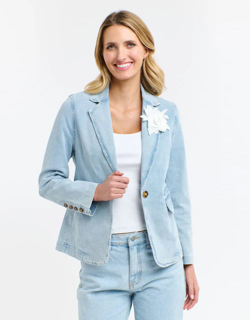 Denim blazer with Flower Brooch