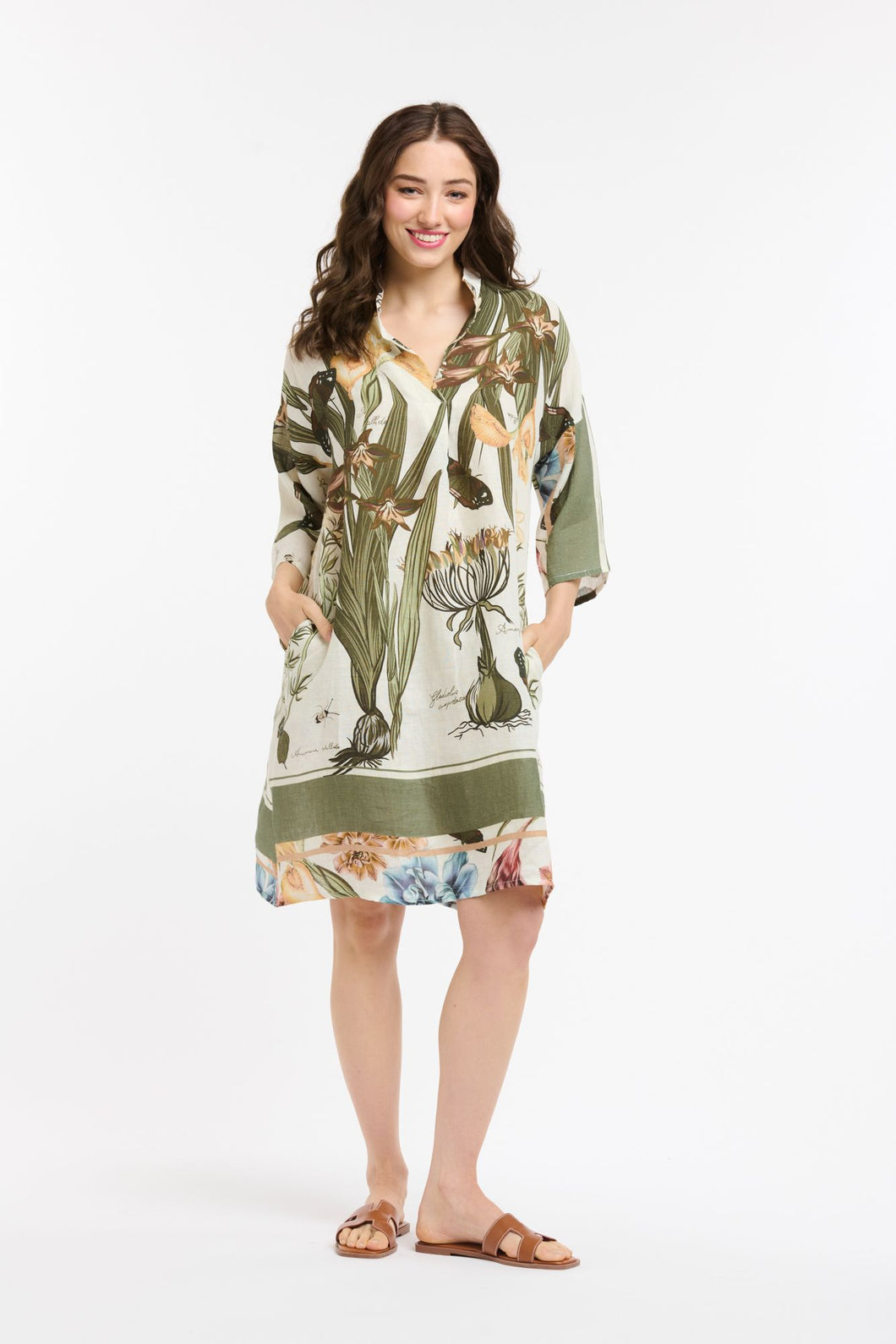 Linen Flower Dress Khaki